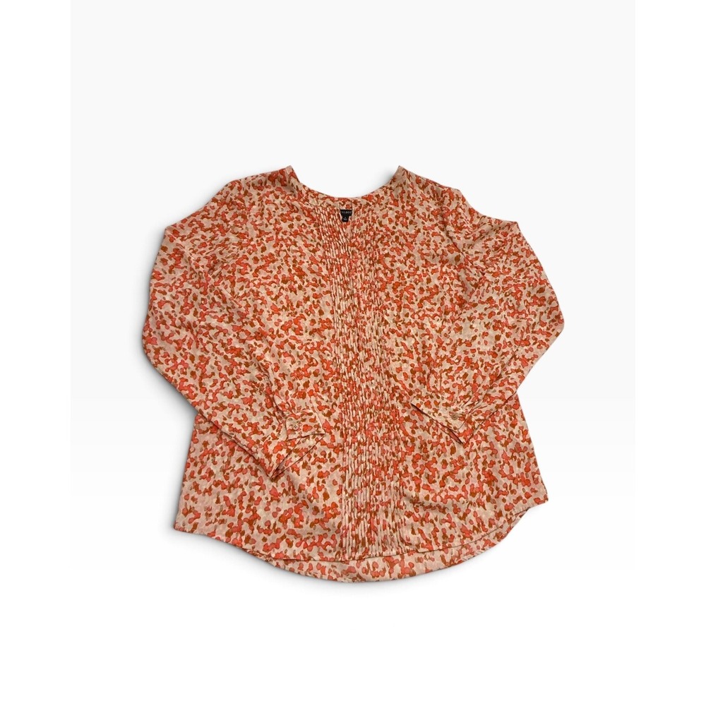 Talbots Blouse Women XL Pink Orange Abstract Floral Pleated Front Long Sleeve